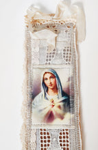 Load image into Gallery viewer, This gorgeous, one-of-a-kind, Catholic bookmark is handmade with repurposed paper, vintage fabrics and an old religious image of the Immaculate Heart of Mary printed on fabric.
