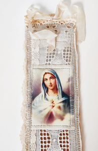 This gorgeous, one-of-a-kind, Catholic bookmark is handmade with repurposed paper, vintage fabrics and an old religious image of the Immaculate Heart of Mary printed on fabric.