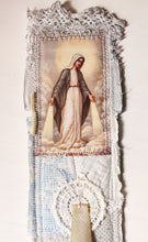 Load image into Gallery viewer, This gorgeous, one-of-a-kind, Catholic bookmark is handmade with repurposed paper, vintage fabrics and an old religious image of Immaculate Mary printed on fabric.
