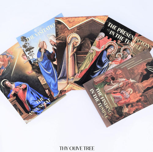 The Joyful Mysteries: Gold Foil Art Prints (Set of 5) - Thy Olive Tree - Art Prints -  Catholic Gifts